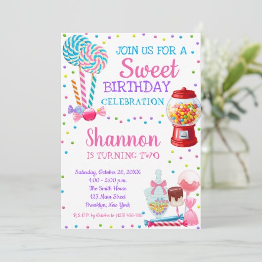 Snoep Thema Candyland Birthday Party Invitation Kaart (Staand voorkant)