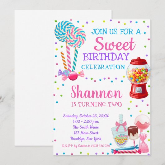 Snoep Thema Candyland Birthday Party Invitation Kaart (Voorkant / Achterkant)