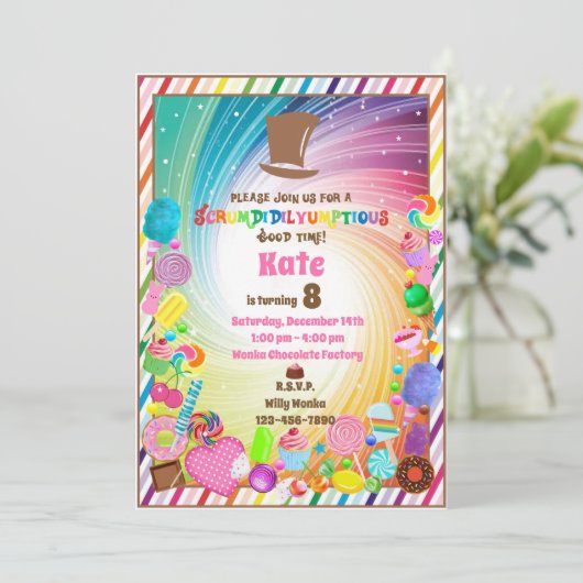 Snoep thema, chocolade, gouden ticket, regenboog i kaart (Staand voorkant)