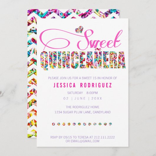 Snoep Thema Quinceañera Verjaardagsuitnodiging Kaart (Voorkant / Achterkant)