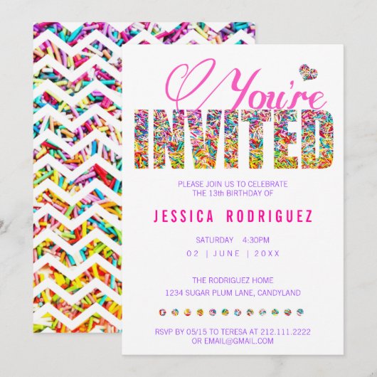 Snoep Thema Sprinkles Birthday Party Uitnodiging (Voorkant / Achterkant)