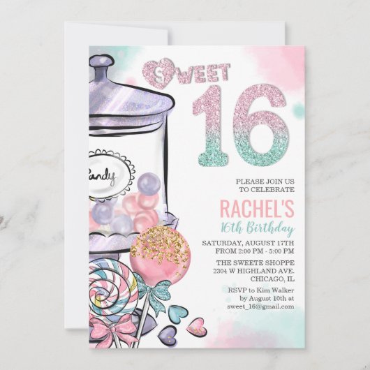 Snoep Thema Sweet 16 Verjaardagsuitnodiging Kaart (Voorkant)