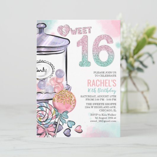 Snoep Thema Sweet 16 Verjaardagsuitnodiging Kaart (Staand voorkant)