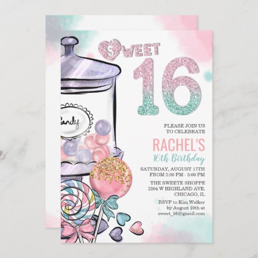 Snoep Thema Sweet 16 Verjaardagsuitnodiging Kaart (Voorkant / Achterkant)