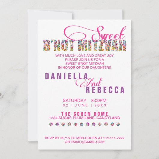 Snoep Thema Sweet B'NOT MITZVAH Joint Party Kaart (Voorkant)