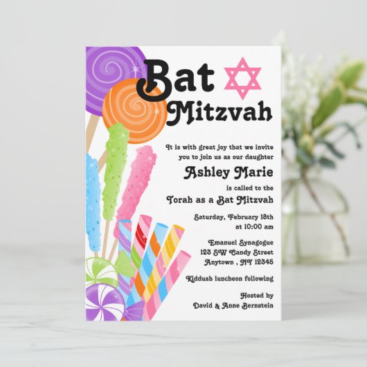 Snoep Theme Bat Mitzvah Kaart (Staand voorkant)