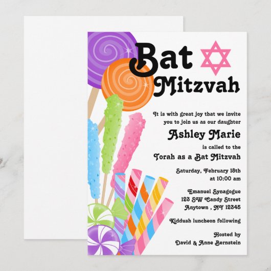 Snoep Theme Bat Mitzvah Kaart (Voorkant / Achterkant)