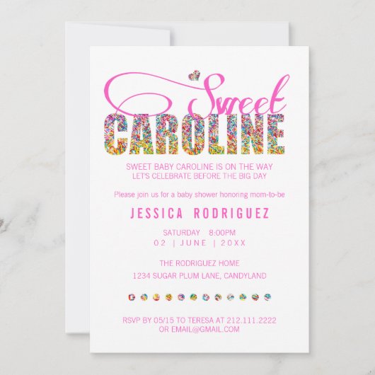 Snoep Theme Sweet Caroline Baby shower Uitnodiging (Voorkant)