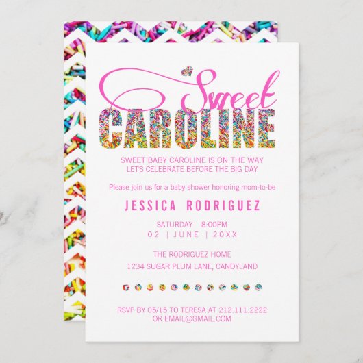 Snoep Theme Sweet Caroline Baby shower Uitnodiging (Voorkant / Achterkant)