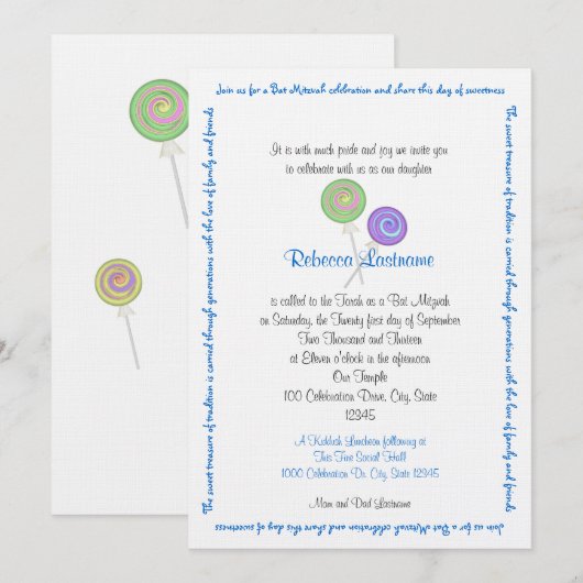 Snoep Treasures Bat Mitzvah Blue Kaart (Voorkant / Achterkant)