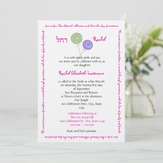 Snoep Treasures Bat Mitzvah Kaart (Staand voorkant)