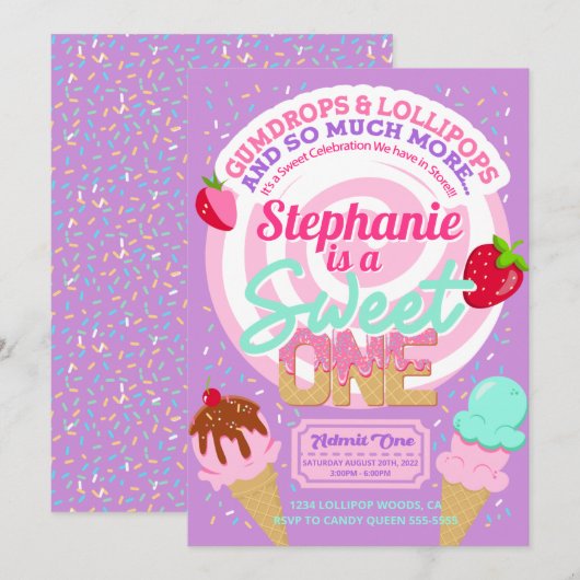 Snoep van zoet land 1e verjaardag kaart (Voorkant / Achterkant)