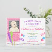 Snoep Verjaardag Uitnodiging Candyland 1e Verjaard (Staand voorkant)