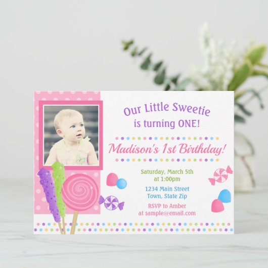 Snoep Verjaardag Uitnodiging Candyland 1e Verjaard (Staand voorkant)