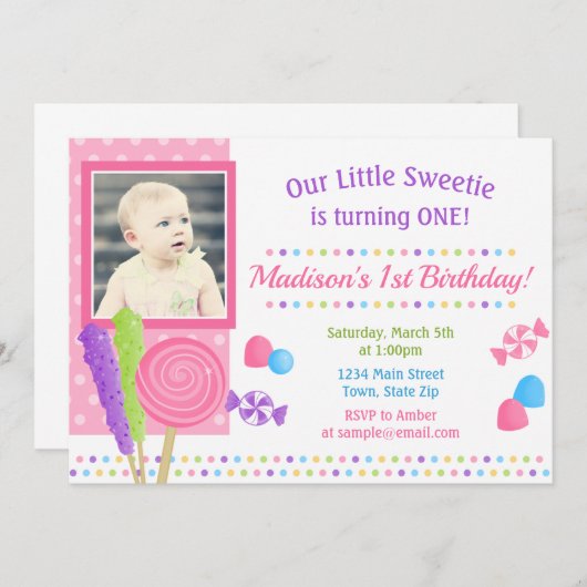 Snoep Verjaardag Uitnodiging Candyland 1e Verjaard (Voorkant / Achterkant)