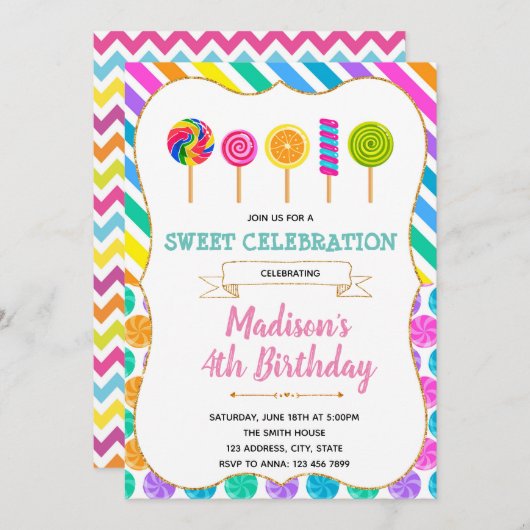 Snoep verjaardagsfeestuitnodiging kaart (Voorkant / Achterkant)