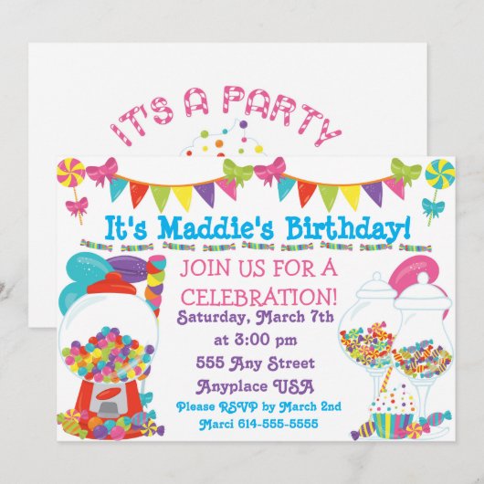 Snoep verjaardagsfeestuitnodiging kaart (Voorkant / Achterkant)