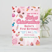 Snoep verjaardagsuitnodiging het eerste feest kaart (Staand voorkant)