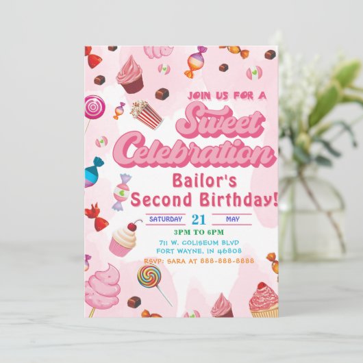 Snoep verjaardagsuitnodiging het tweede feest kaart (Staand voorkant)