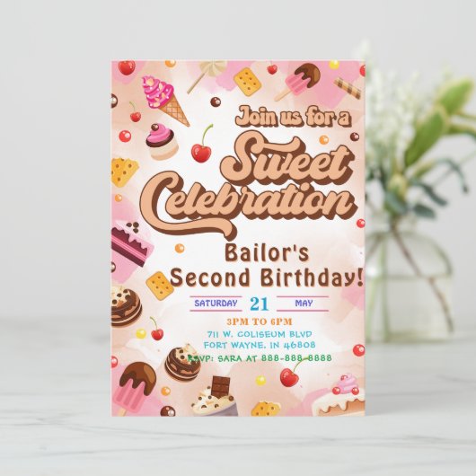 Snoep verjaardagsuitnodiging het tweede feest kaart (Staand voorkant)