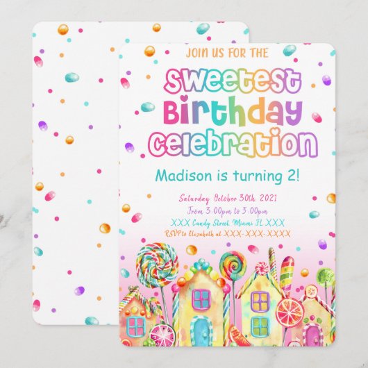 Snoep verjaardagsuitnodiging kaart (Voorkant / Achterkant)