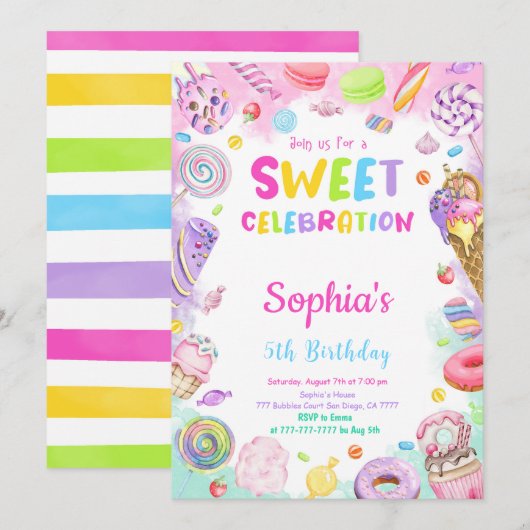 Snoep verjaardagsuitnodiging kaart (Voorkant / Achterkant)