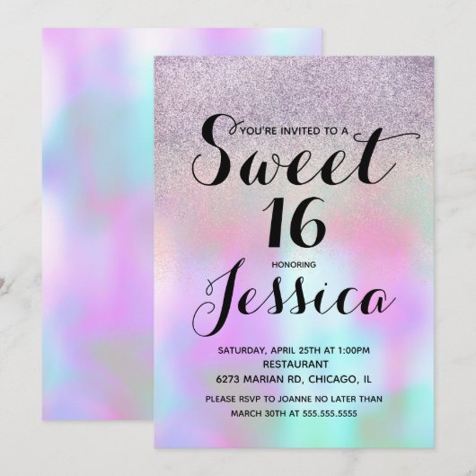 Snoep Vloeibare kiezelsteen Glitter Sweet 16 Kaart (Voorkant / Achterkant)