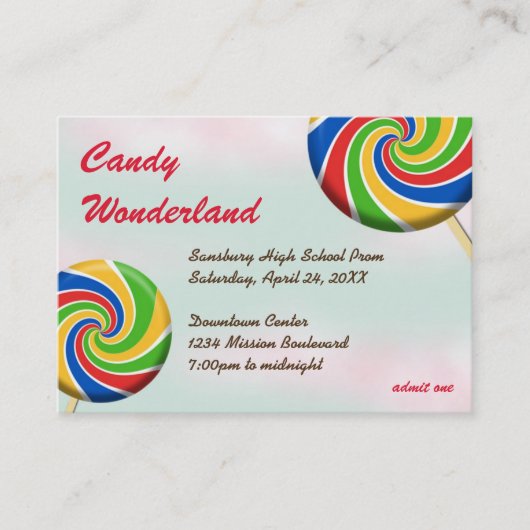 Snoep Wonderland Custom logo Prom Toegangsticket Visitekaartje (Voorkant)