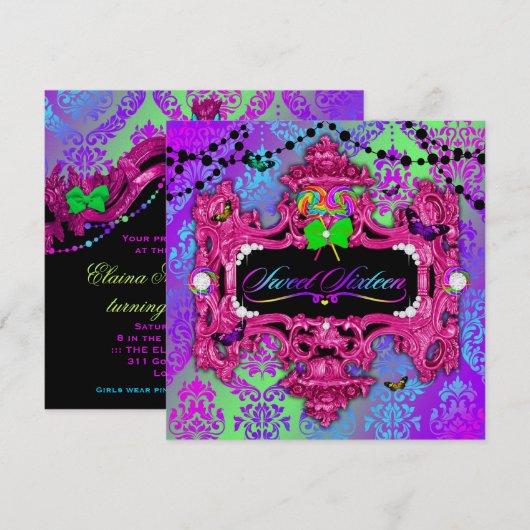 snoep Wonderland Pink Sweet 16 Metallic Gold Kaart (Voorkant / Achterkant)