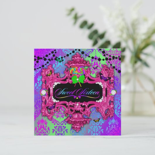 snoep Wonderland Pink Sweet 16 Metallic Gold Kaart (Staand voorkant)