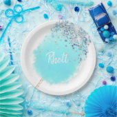 Snoepfloss cute blauwe en zilveren glitters papieren bordje (Feest)