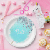 Snoepfloss cute blauwe en zilveren glitters papieren bordje (Feest)