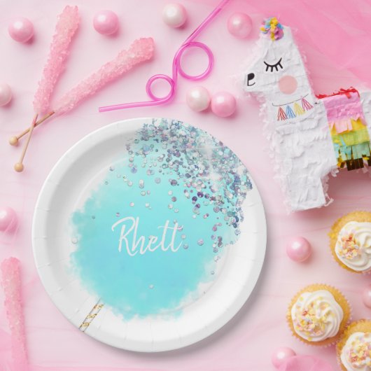 Snoepfloss cute blauwe en zilveren glitters  papieren bordje (Feest)