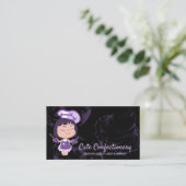 snoepgoed van paars meisje, gebak, zwart visitekaartje (Staand voorkant)