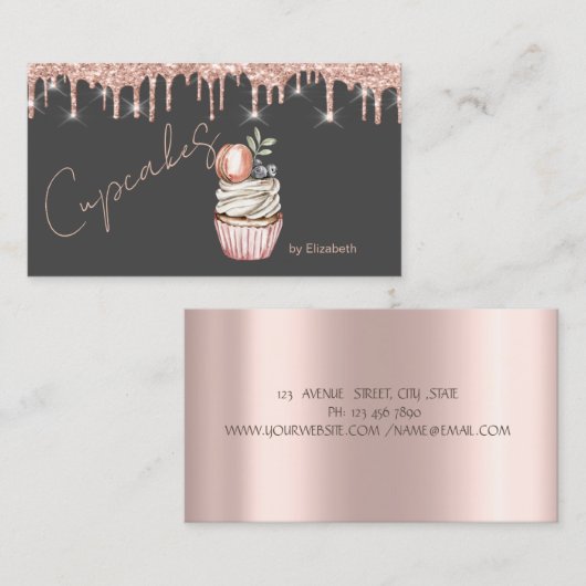 Snoepjes Cupcakes Macaron Roos Gouden Drips Visitekaartje (Voorkant / Achterkant)