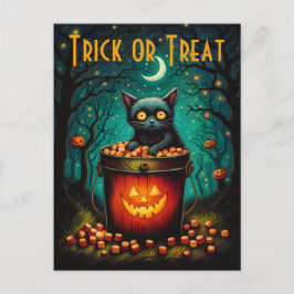 Snoepjes emmer en zwarte kat Halloween Briefkaart