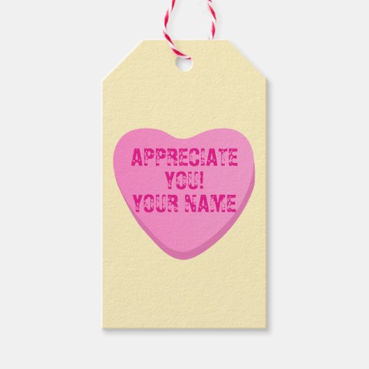 Snoepjes hart met aangepaste tekst-roze hart op ge cadeaulabel (Voorkant)