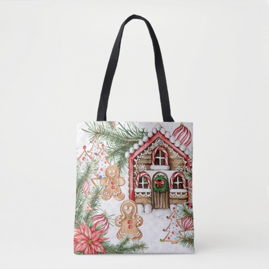 Snoeprietenhuis, tandenbrood, poinsettia tote bag (Voorkant)