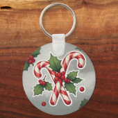 Snoepstok Duo Met Hulst En Bessen Sleutelhanger (Voorkant)