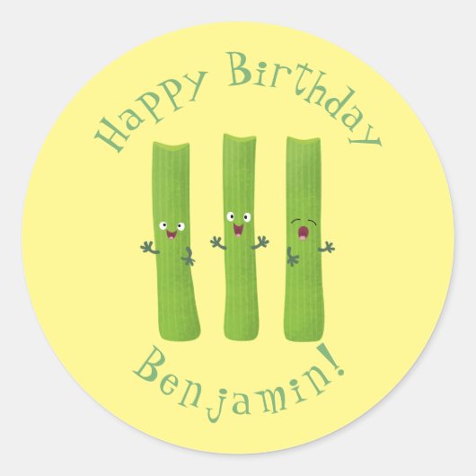 Snoepstokjes trio cartoon groenten ronde sticker (Voorkant)