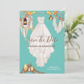 Snoer licht veer boho macrame jurk turquoise blauw save the date (Staand voorkant)