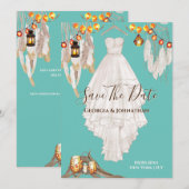 Snoer licht veer boho macrame jurk turquoise blauw save the date (Voorkant / Achterkant)