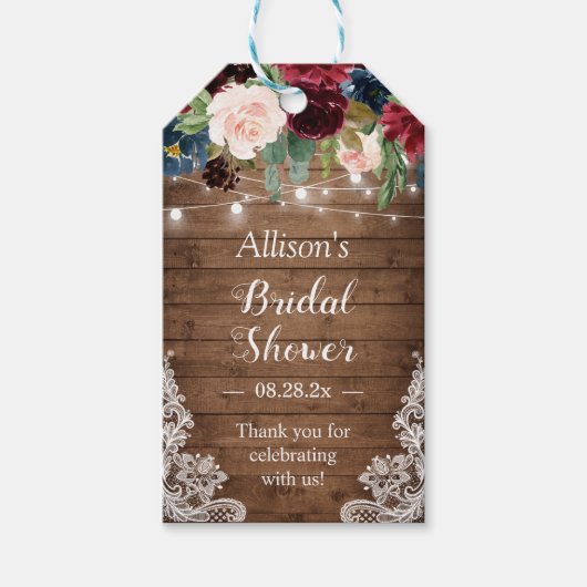 Snoerlampen bordeauxrood bloemenslinger bruiloftss cadeaulabel (Voorkant)