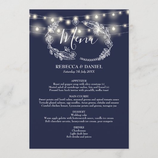 Snoerlampen Navyblauw Bloem Bruiloft Menu (Voorkant)