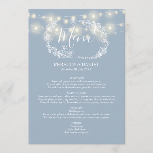 Snoerlampen Stofblauw Bloem Bruiloft Menu (Voorkant)