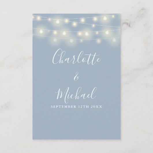 Snoerlampen Stofblauw Huwelijksdetails Informatiekaartje (Achterkant)