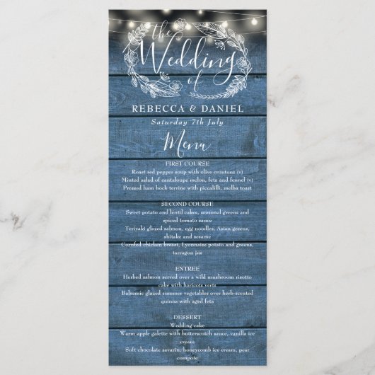 Snoerlampjes Blauw Rustiek Hout Bloem Bruiloft Menu (Voorkant)