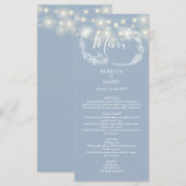 Snoerlampjes Bloemige Stofblauw Bruiloft Menu (Voorkant / Achterkant)