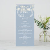 Snoerlampjes Bloemige Stofblauw Bruiloft Menu (Staand voorkant)