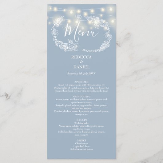 Snoerlampjes Bloemige Stofblauw Bruiloft Menu (Voorkant)